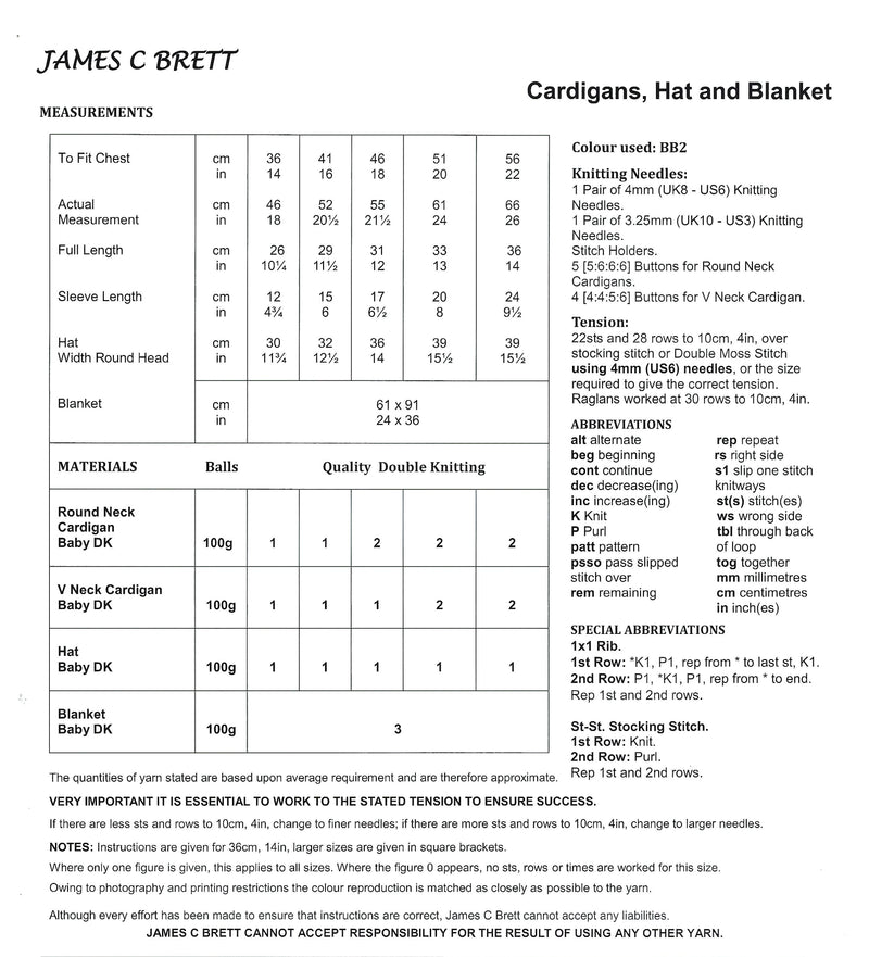 James C Brett Knitting Pattern JB518 - DK Baby Cardigans, Hat & Blanket (14-22in)