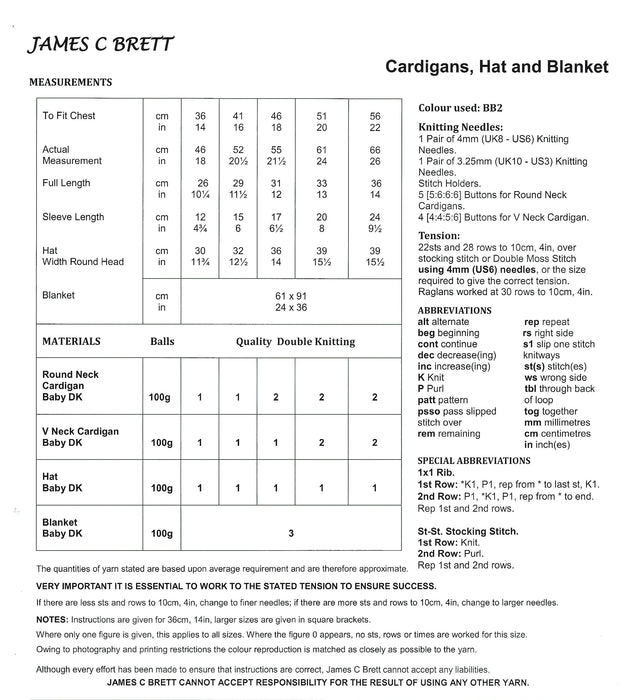 James C Brett Knitting Pattern JB518 - DK Baby Cardigans, Hat & Blanket (14-22in)