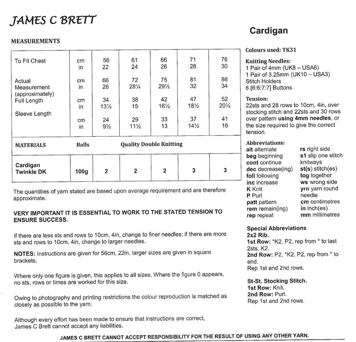 James C Brett JB572 Double Knitting Pattern - Children's Cardigan (Discontinued)
