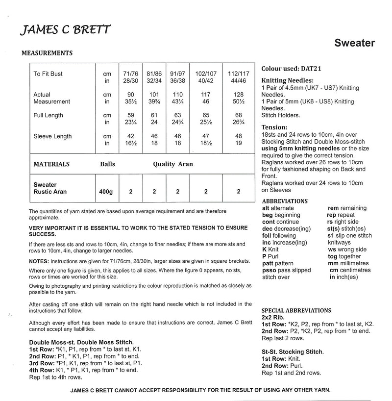 James C Brett JB575 Aran Knitting Pattern - Ladies Sweater (Discontinued)