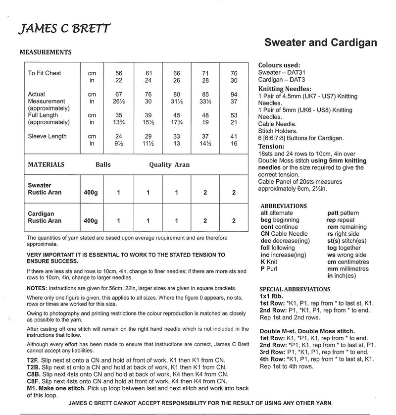 James C Brett JB576 Aran Knitting Pattern - Chlldren's Cardigan & Sweater (22 - 30 in)