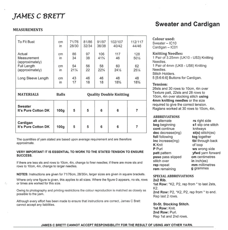 James C. Brett JB597 Ladies DK Knitting Pattern – Sweater & Cardigan (28–46in)