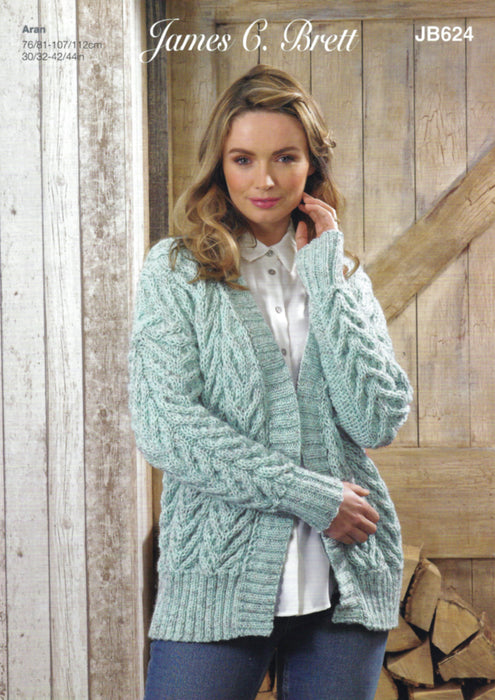 James C Brett JB624 Aran Knitting Pattern for a Ladies Cardigan