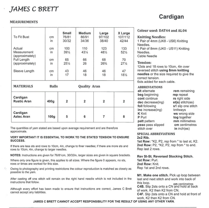 James C Brett JB624 Aran Knitting Pattern for a Ladies Cardigan