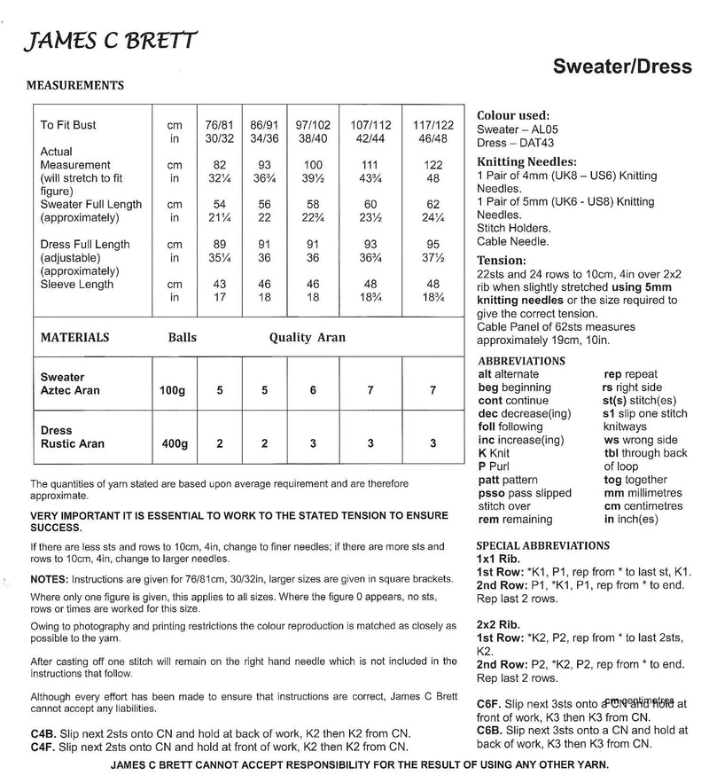 James C Brett JB625 Aran Knitting Pattern for Ladies - Dress & Sweater (Discontinued)