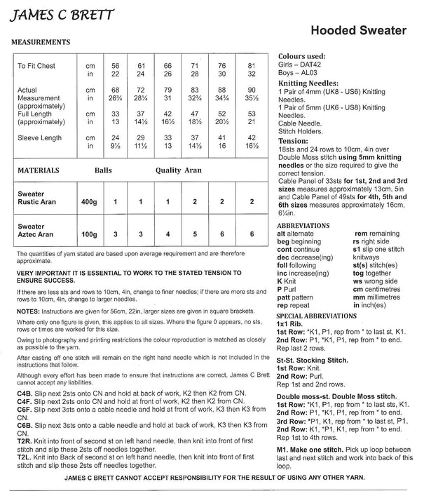 James C Brett JB627 Aran Knitting Pattern - Hooded Sweaters for Children (56-81cm / 22-32 in)