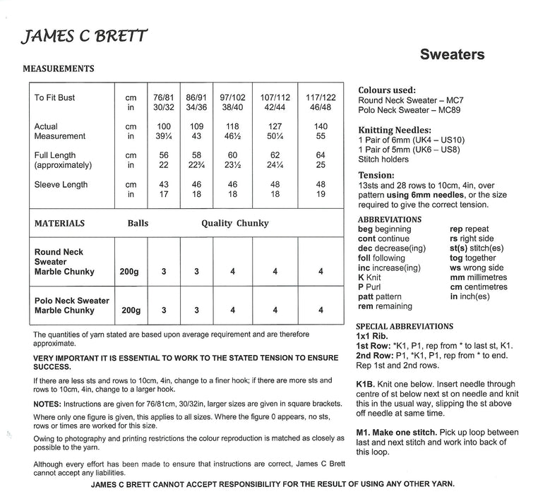 James C Brett JB656 Chunky Knitting Pattern - Ladies Sweaters