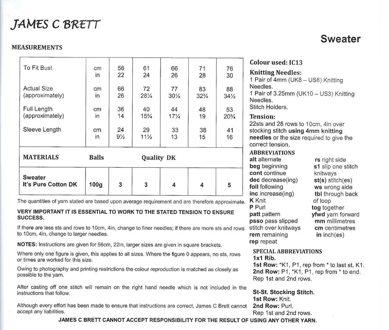 James C Brett JB676 Double Knitting Pattern - Cotton DK Sweater for Children (56-76cm 22-30in)