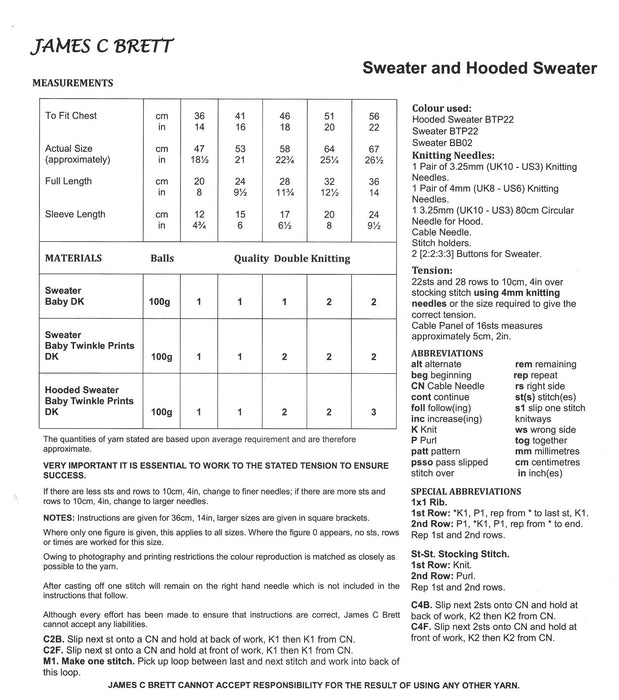 James C Brett JB684 Double Knitting Pattern - Baby DK Sweater & Hooded Sweater (0 - 2 years)