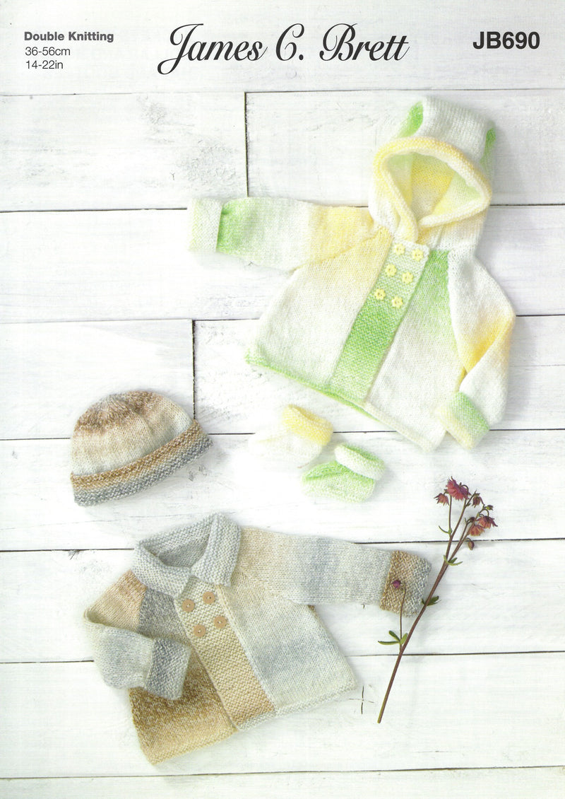 James C Brett JB690 Double Knitting Pattern - DK Baby Jackets with Collar and Hood, Hat and Bootees