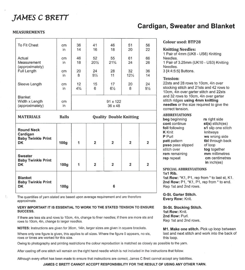 James C Brett JB706 Double Knitting Pattern - Baby DK Cardigan, Sweater & Blanket (0 - 2 years)