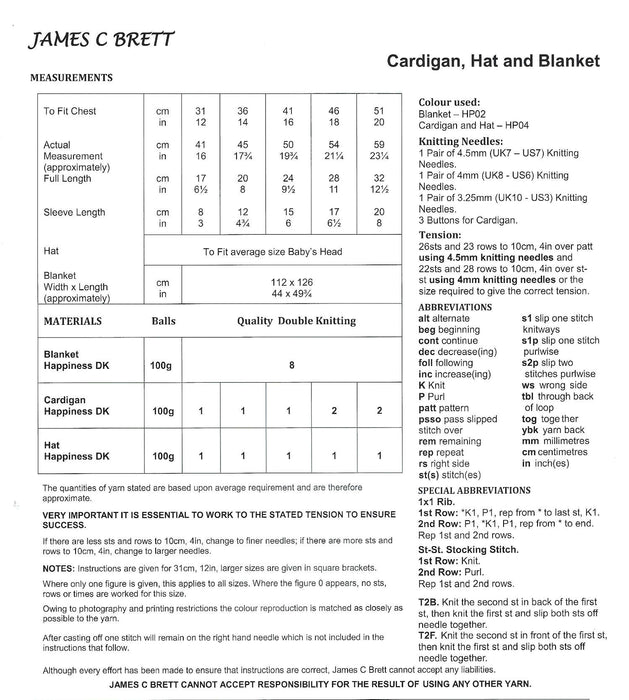 James C Brett DK JB739 - Baby Cardigan, Hat & Blanket (12-20 in)