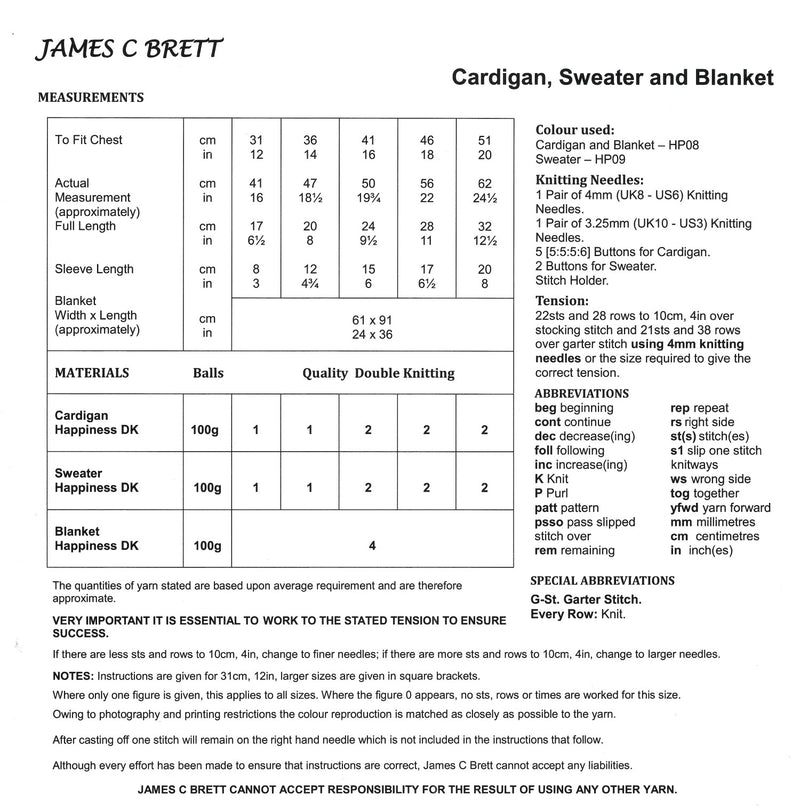 James C Brett DK JB740 - Baby Cardigan, Sweater & Blanket (12-20 in)