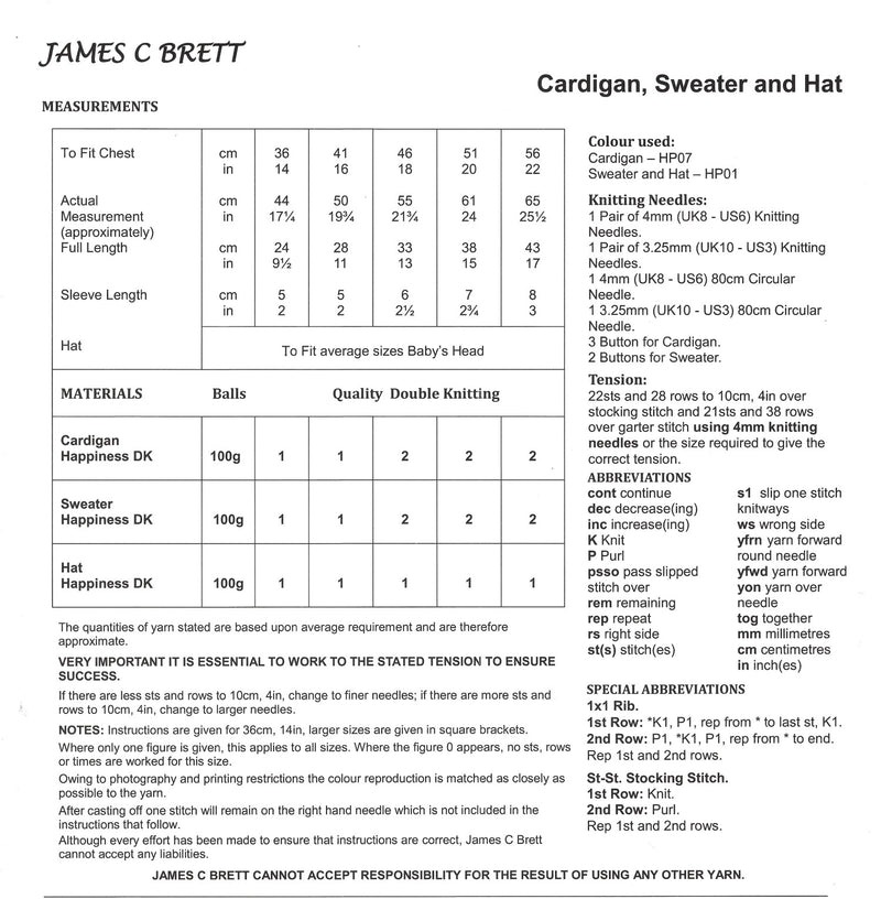 James C Brett Double Knitting Pattern JB741 - Baby Cardigan, Sweater & Hat (14-22 in) DK (Discontinued)
