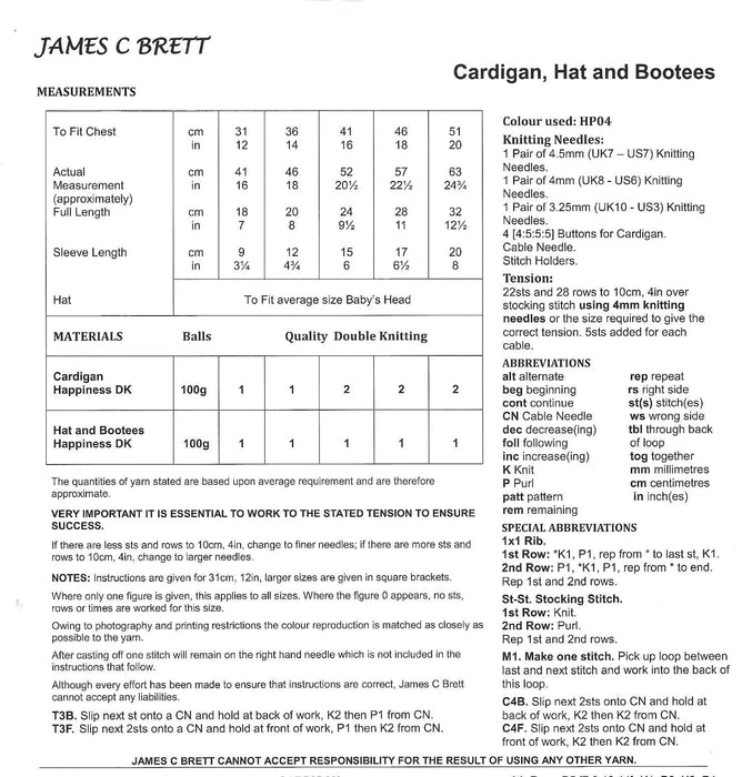 James C Brett JB744 Knitting Pattern - DK Baby Cardigan, Hat & Bootees (12-20 in)