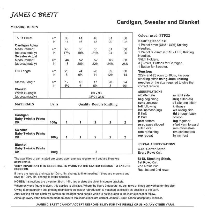 James C Brett JB746 Double Knitting Pattern - Baby DK Cardigan, Sweater & Blanket (0 - 2 years)