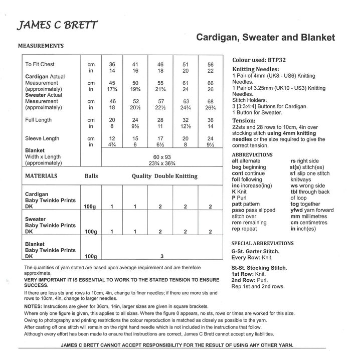 James C Brett JB746 Double Knitting Pattern - Baby DK Cardigan, Sweater & Blanket (0 - 2 years)