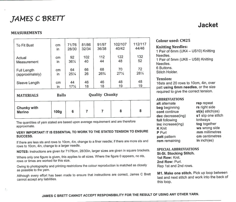 James C Brett JB749 Chunky Knitting Pattern - Ladies Jacket (Discontinued)
