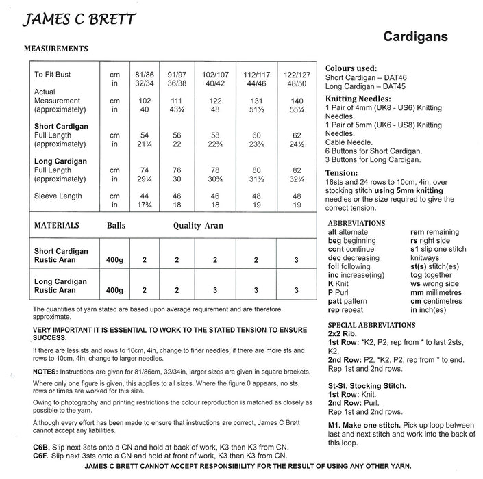 James C Brett JB761 Aran Knitting Pattern - Ladies Cardigans