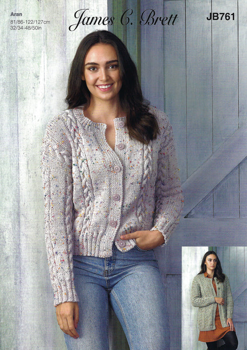 James C Brett JB761 Aran Knitting Pattern - Ladies Cardigans