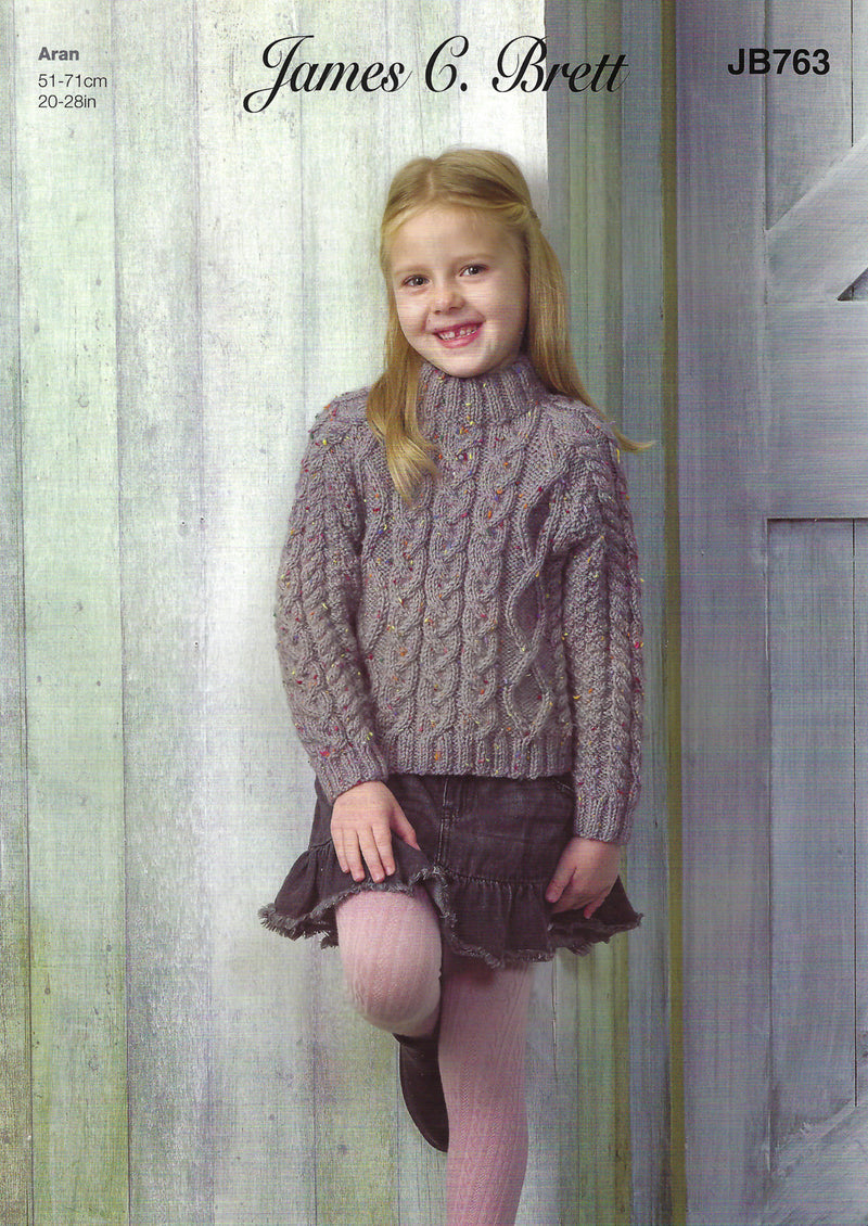 James C Brett JB763 Aran Knitting Pattern - Children's Sweater (20-28in)