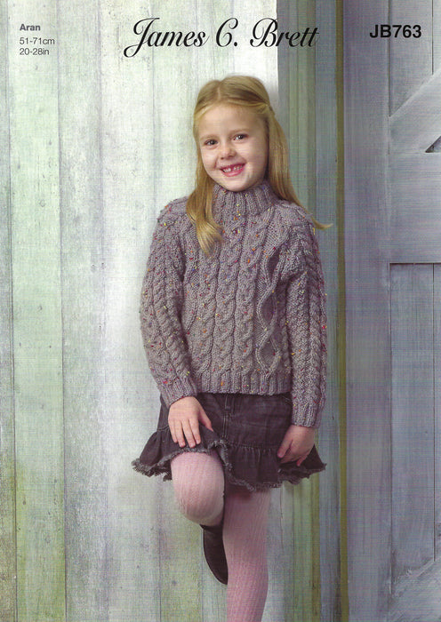 James C Brett JB763 Aran Knitting Pattern - Children's Sweater (20-28in)