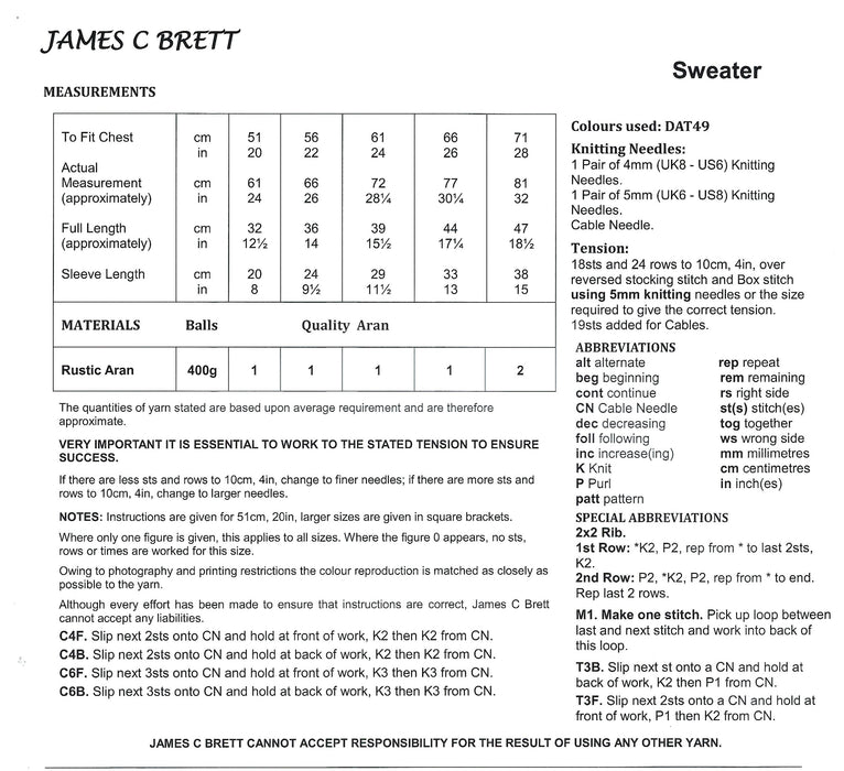 James C Brett JB763 Aran Knitting Pattern - Children's Sweater (20-28in)