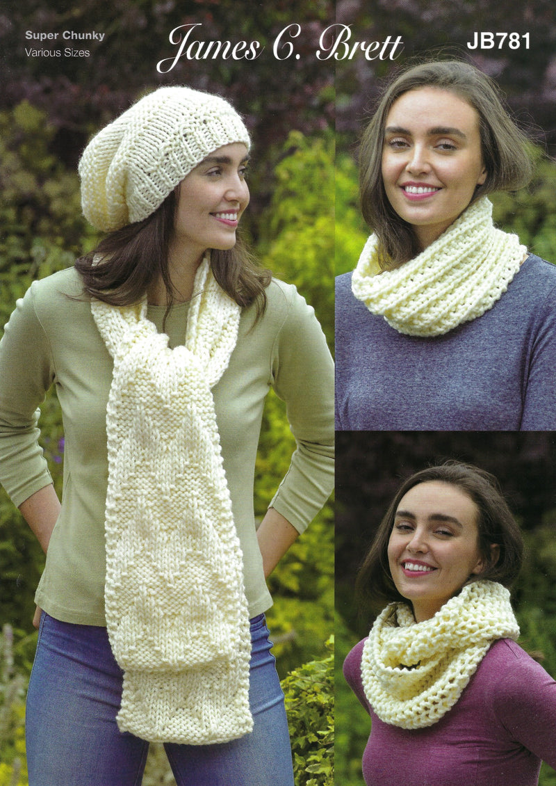 James C Brett JB781 Super Chunky Pattern - Scarf, Snoods and Hat