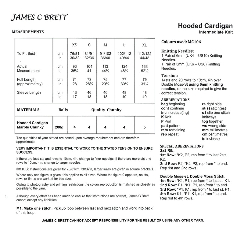 James C Brett JB798 Chunky Knitting Pattern - Ladies Hooded Cardigan - Intermediate Knit