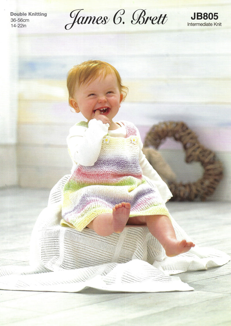 James C Brett JB805 Double Knitting Pattern - Intermediate Knit - Baby Romper, Dress & Bootees DK