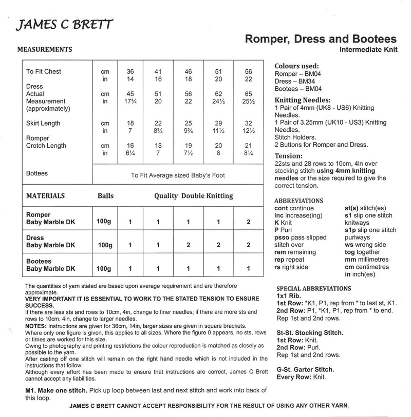 James C Brett JB805 Double Knitting Pattern - Intermediate Knit - Baby Romper, Dress & Bootees DK