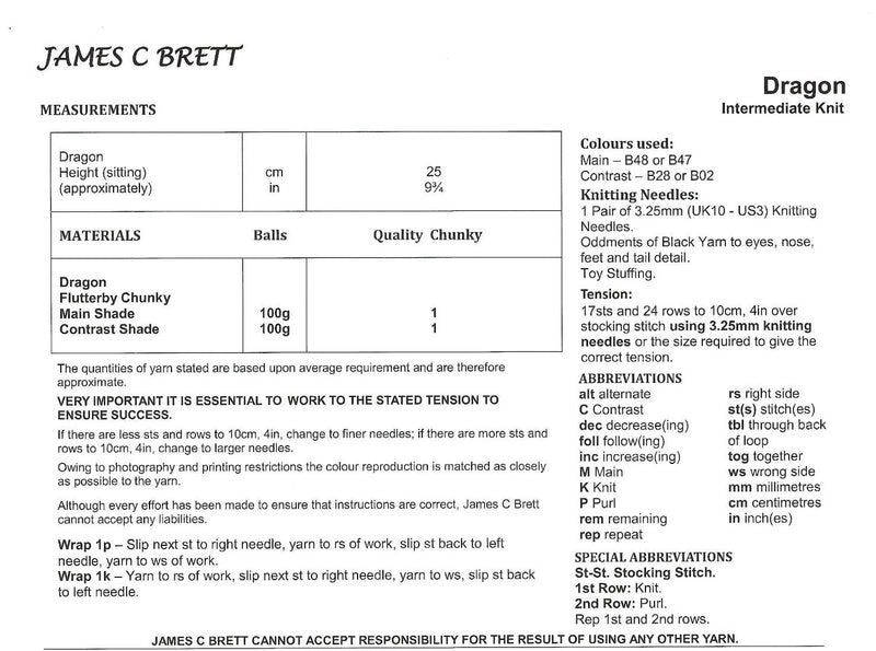 James C Brett JB806 Toy Knitting Pattern -  Flutterby Chunky Dragon Pattern (Intermediate Knit)
