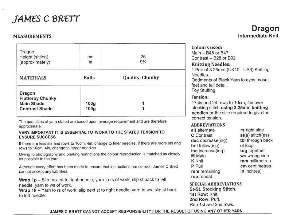 James C Brett JB806 Toy Knitting Pattern -  Flutterby Chunky Dragon Pattern (Intermediate Knit)