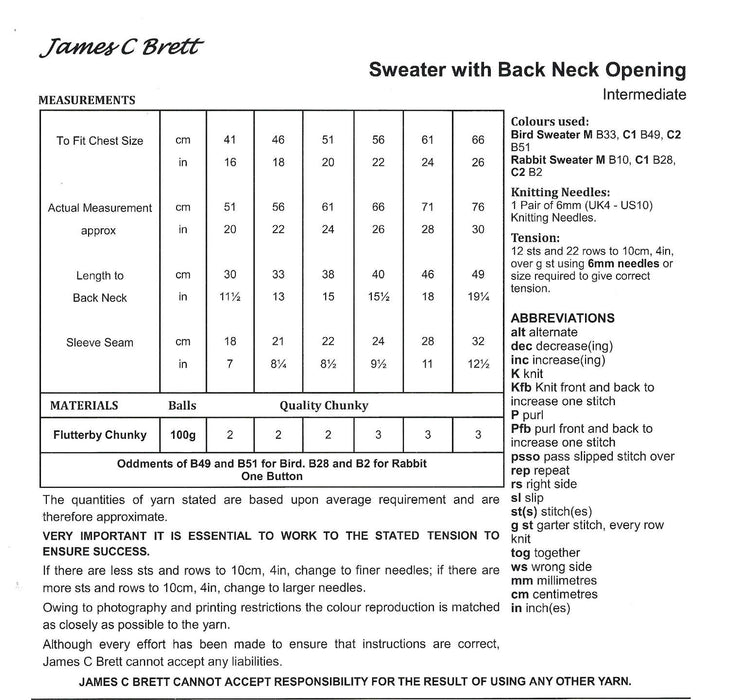 James C Brett  Knitting Pattern JB832 - Children's Bird & Rabbit Sweaters Knitted With Flutterby Chunky Yarn