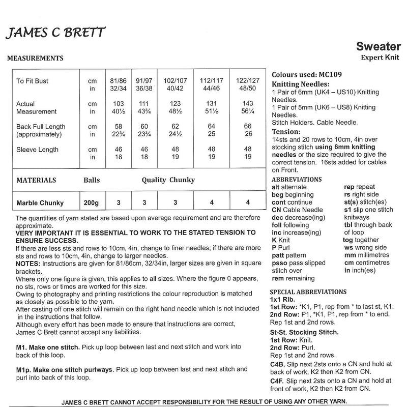 James C Brett JB839 Chunky Knitting Pattern - Ladies Sweater (Expert Knit)