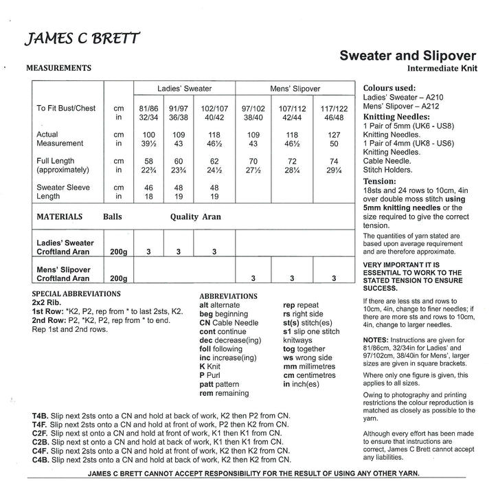James C Brett JB852 Aran Knitting Pattern for Adults - Sweater & Slipover - Intermediate Knit