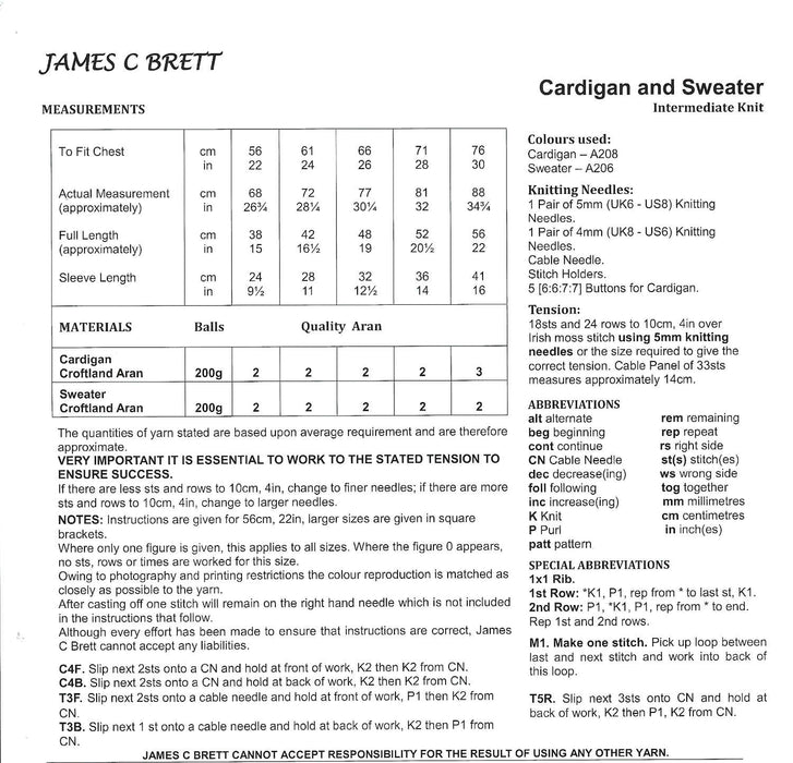 James C Brett JB855 Aran Knitting Pattern - Children's Cardigan & Sweater (22 - 30 in)
