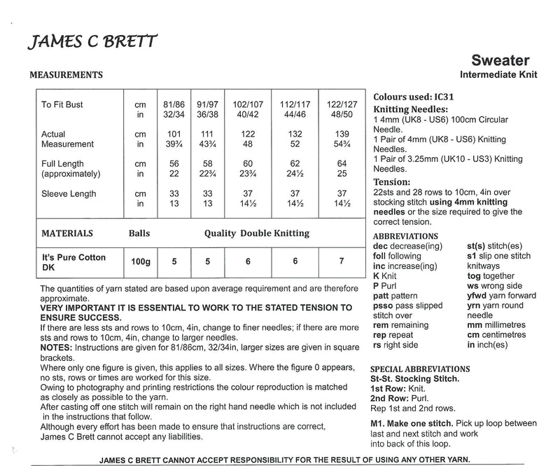 James C Brett JB874 Double Knitting Pattern - Cotton DK Sweater for Ladies