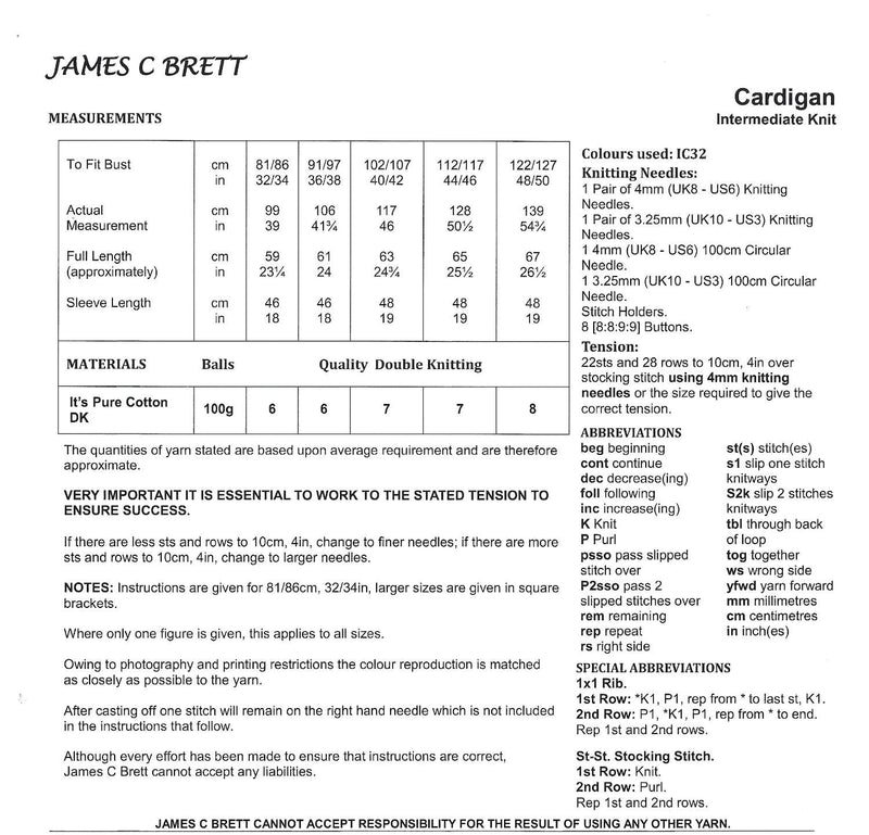 James C Brett JB877 Double Knitting Pattern - Cotton DK Cardigan for Ladies