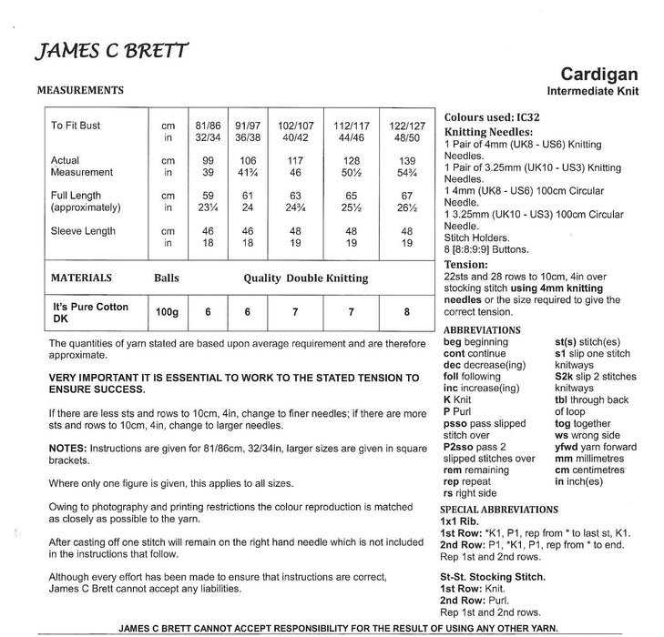 James C Brett JB877 Double Knitting Pattern - Cotton DK Cardigan for Ladies
