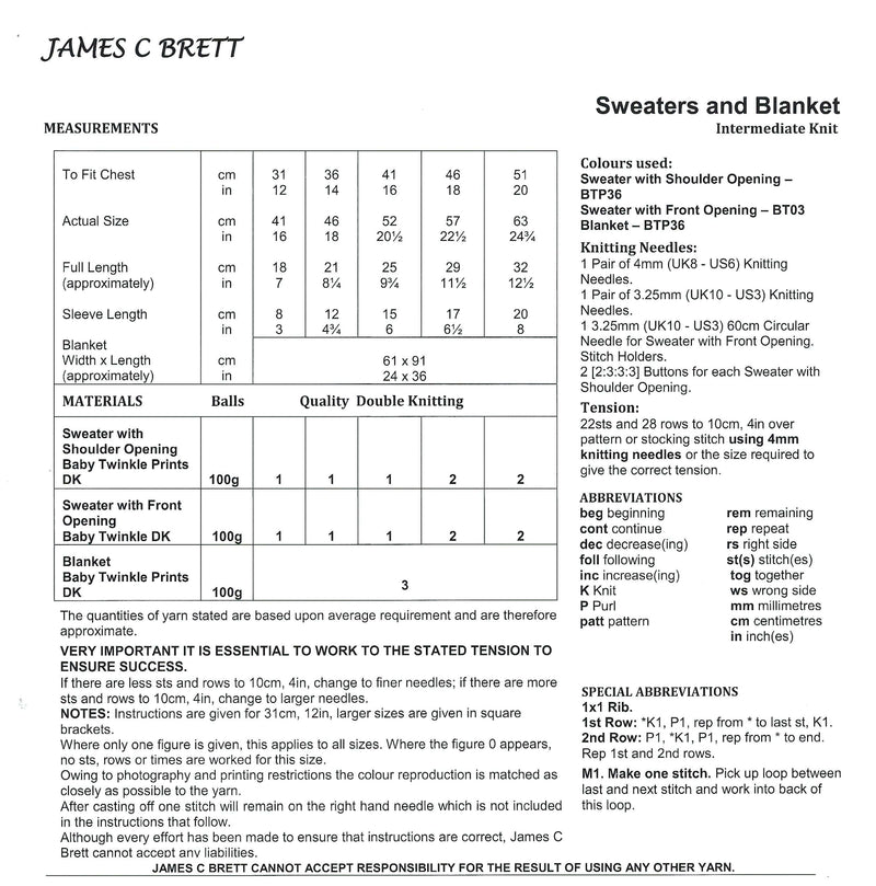 James C Brett DK Knitting Pattern JB883 - Baby Sweaters & Blanket - Intermediate Knit (12-20in)