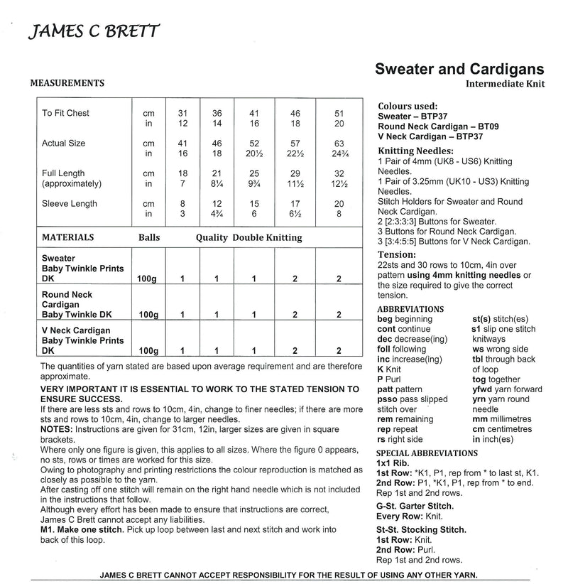 James C Brett DK Knitting Pattern JB885 - Sweater & Cardigans - Intermediate Knit (12-20in)