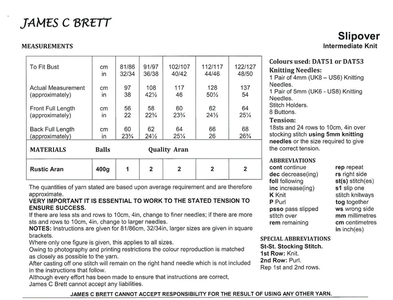 James C Brett JB891 Aran Knitting Pattern - Ladies Slipover - Intermediate Knit