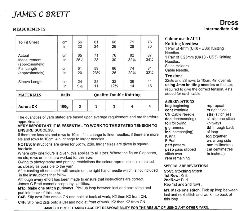 James C Brett Double Knitting Pattern JB902 - Children's Dress (22-30in)