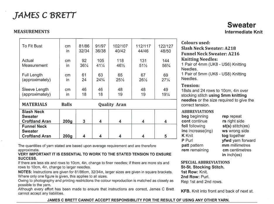 James C Brett JB910 Aran Knitting Pattern - Ladies Sweater - Intermediate Knit