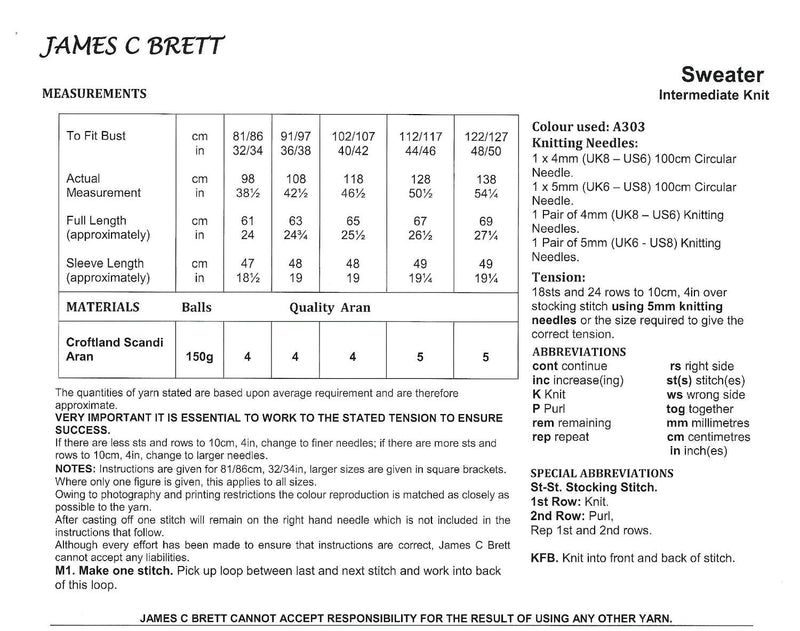 James C Brett JB914 Aran Knitting Pattern - Ladies Sweater - Intermediate Knit (32-50in)