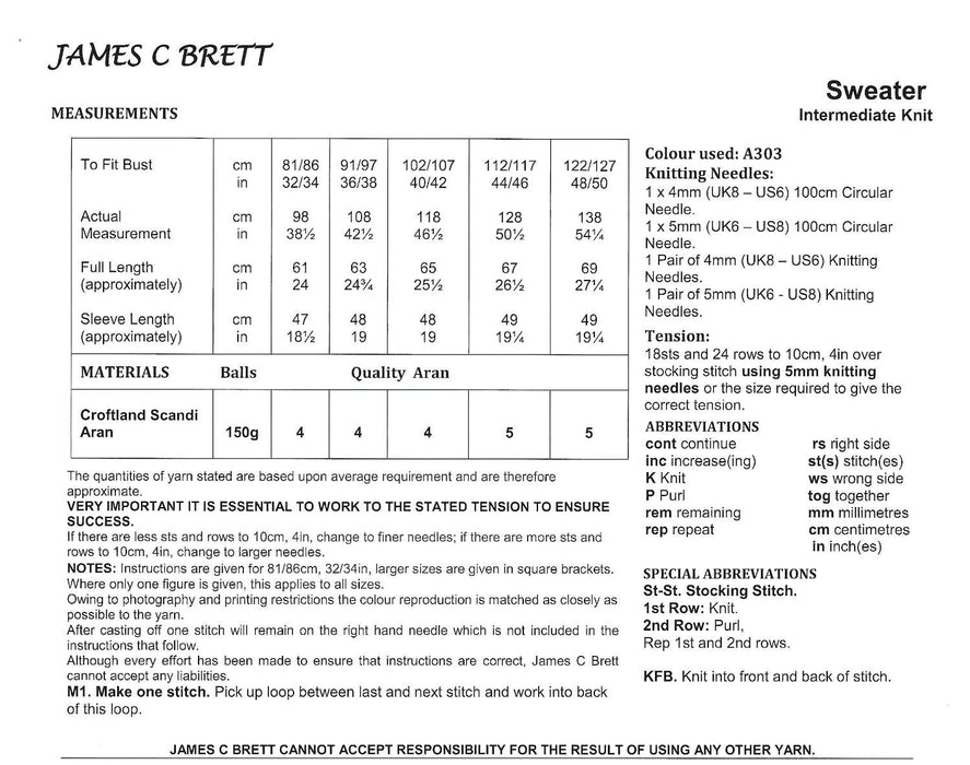 James C Brett JB914 Aran Knitting Pattern - Ladies Sweater - Intermediate Knit (32-50in)