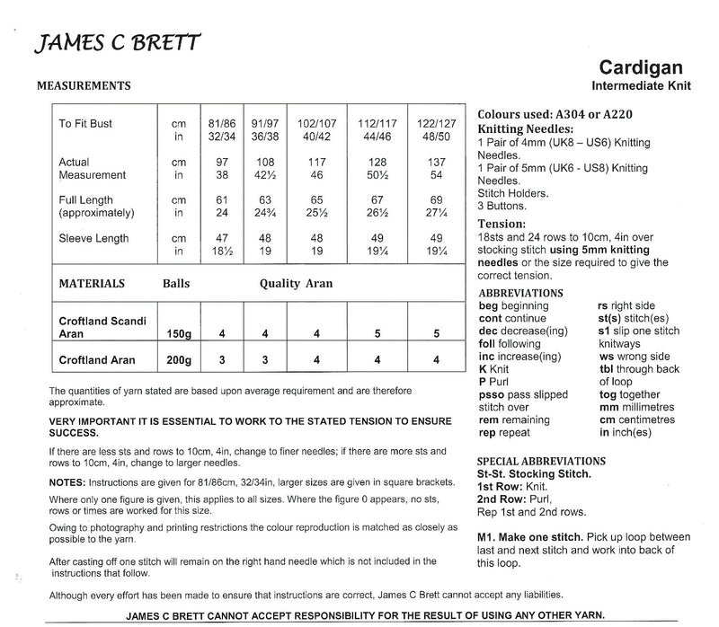 James C Brett JB915 Aran Knitting Pattern - Ladies Cardigan - Intermediate Knit (32-50in)