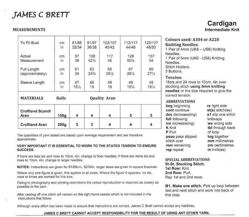 James C Brett JB915 Aran Knitting Pattern - Ladies Cardigan - Intermediate Knit (32-50in)