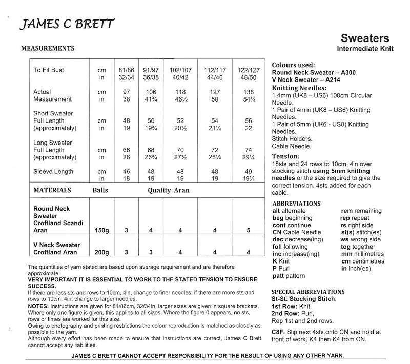 James C Brett JB916 Aran Knitting Pattern - Ladies Sweaters - Intermediate Knit (32-50in)